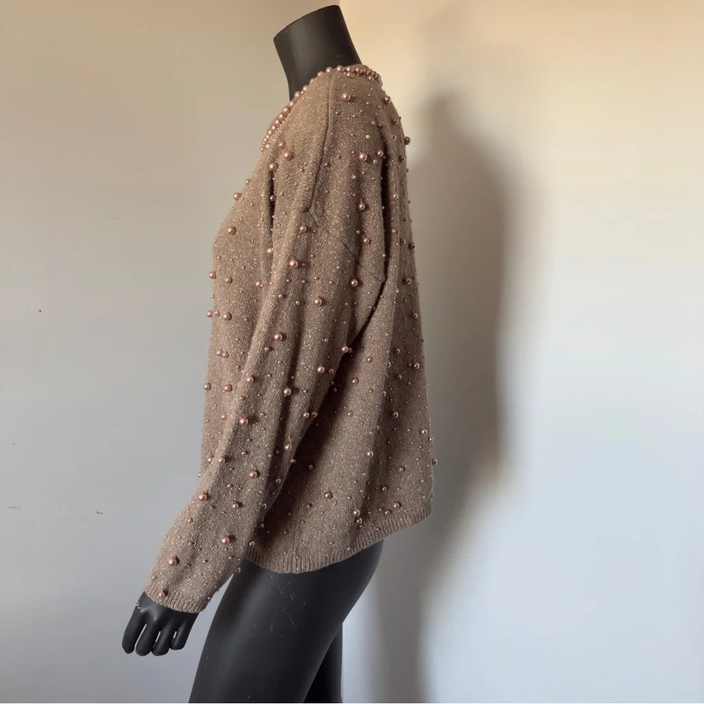 102. VTG Silk / Rabbit hair Elegant Pearl-Embellished Brown Sweater - Picture 4 of 8